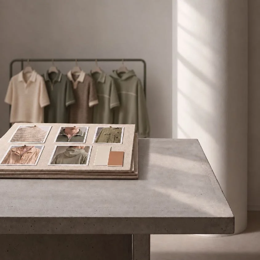 A moodboard on a concrete table, with a rail of polo shirts behind