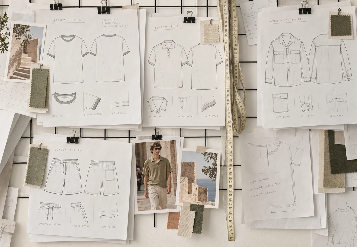 Technical drawings of jersey garments pinned to a studio board