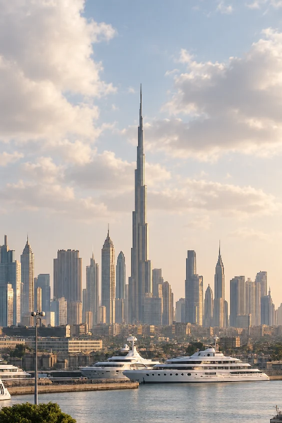 The Dubai skyline and marina at golden hour