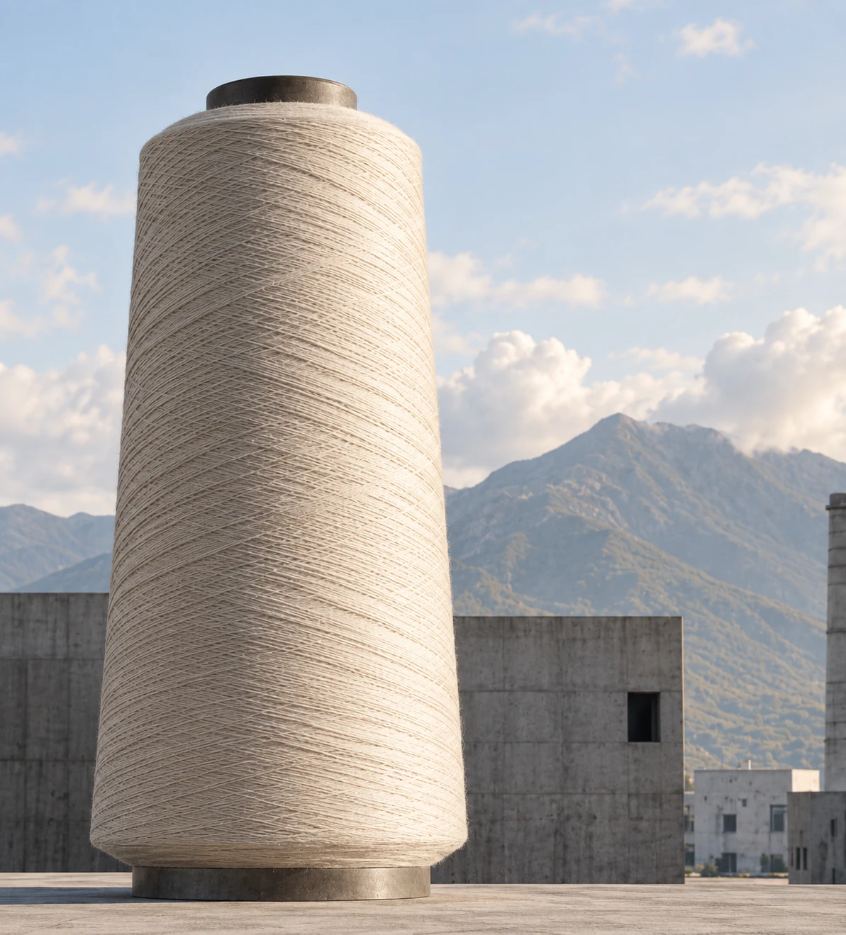 A large cone of cream yarn
